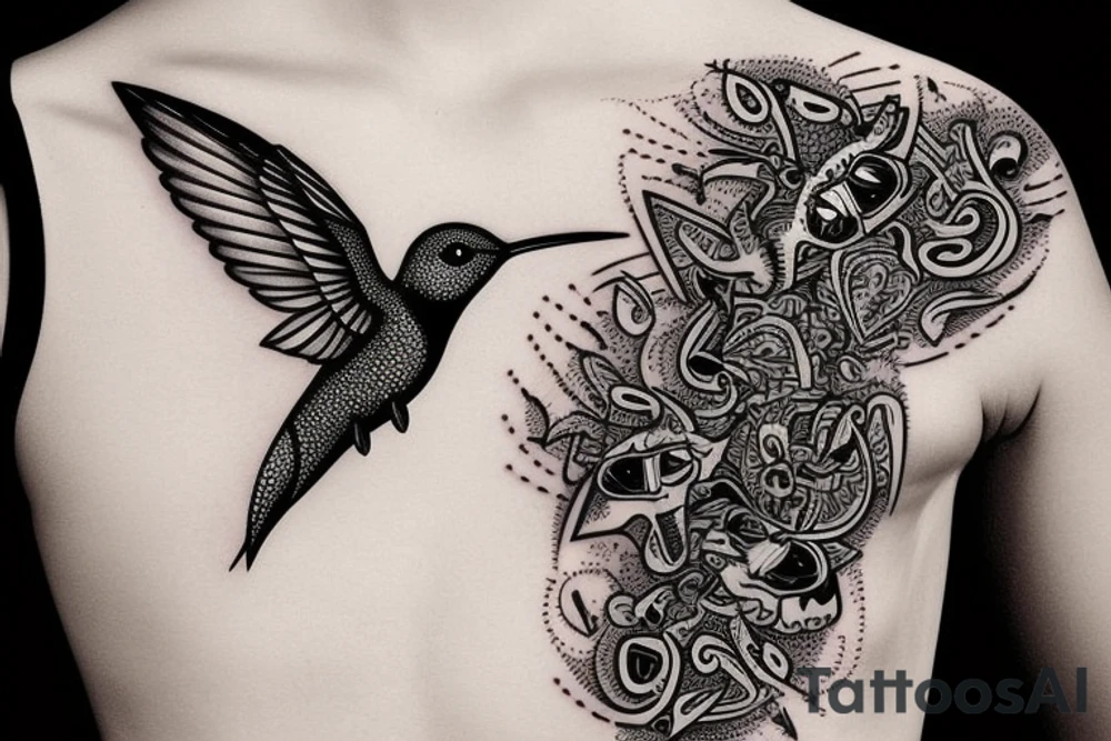 Humming bird with Skulls and music notes and mandalas tattoo idea