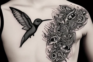 Humming bird with Skulls and music notes and mandalas tattoo idea