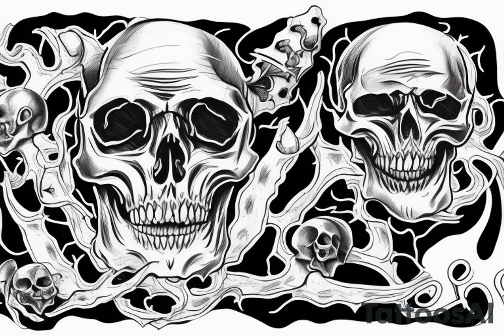 A skull getting cracked open by two skeleton hands and a black monster crwaling out of the skull tattoo idea