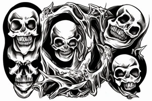 A skull getting cracked open by two skeleton hands and a black monster crwaling out of the skull tattoo idea