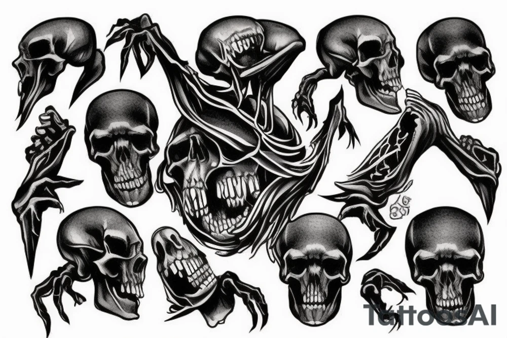 A skull getting cracked open by two skeleton hands and a black monster crwaling out of the skull tattoo idea