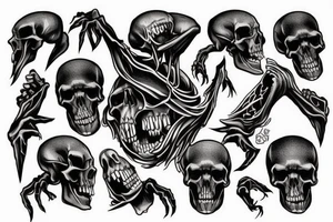 A skull getting cracked open by two skeleton hands and a black monster crwaling out of the skull tattoo idea
