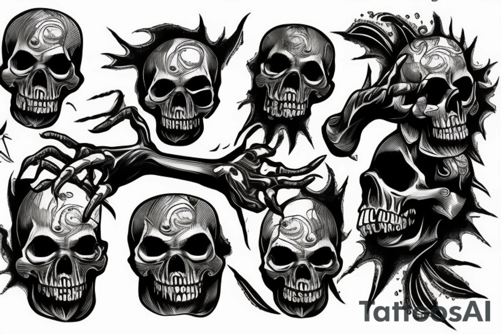 A skull getting cracked open by two skeleton hands and a black monster crwaling out of the skull tattoo idea