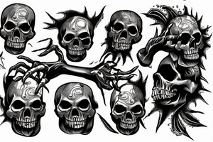 A skull getting cracked open by two skeleton hands and a black monster crwaling out of the skull tattoo idea