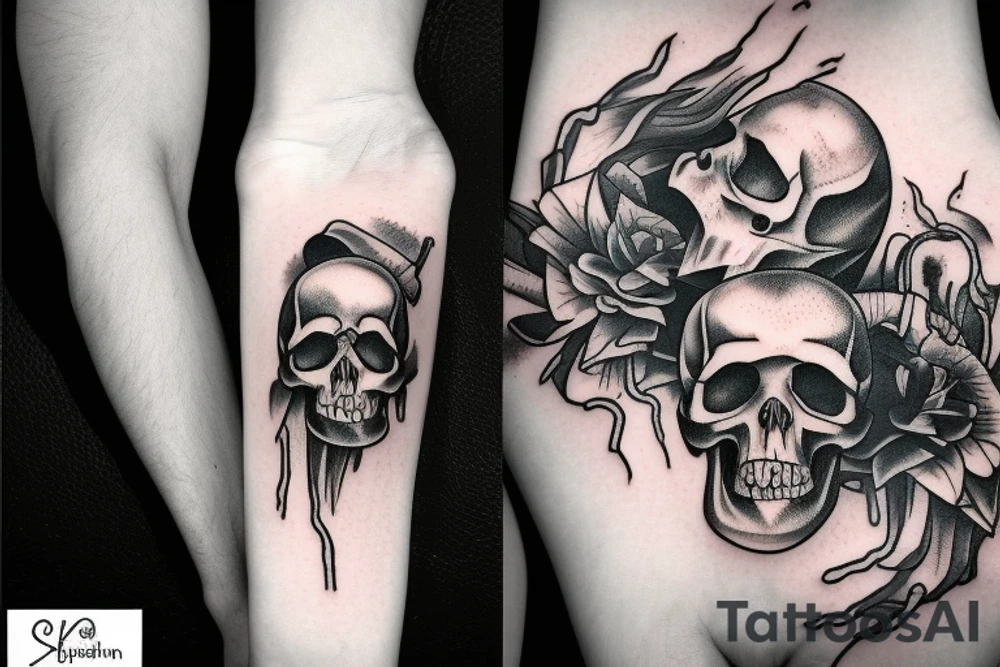 A skull getting cracked open by two skeleton hands and a black monster crwaling out of the skull tattoo idea