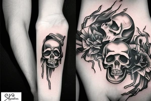 A skull getting cracked open by two skeleton hands and a black monster crwaling out of the skull tattoo idea
