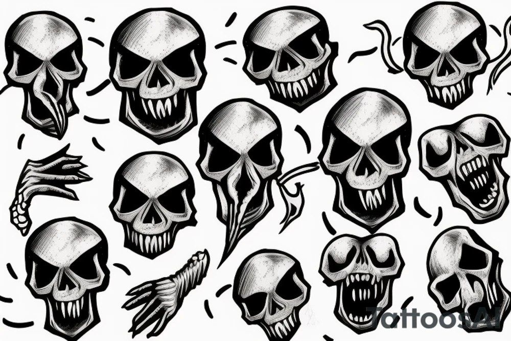 A skull getting cracked open by two skeleton hands and a black monster crwaling out of the skull tattoo idea
