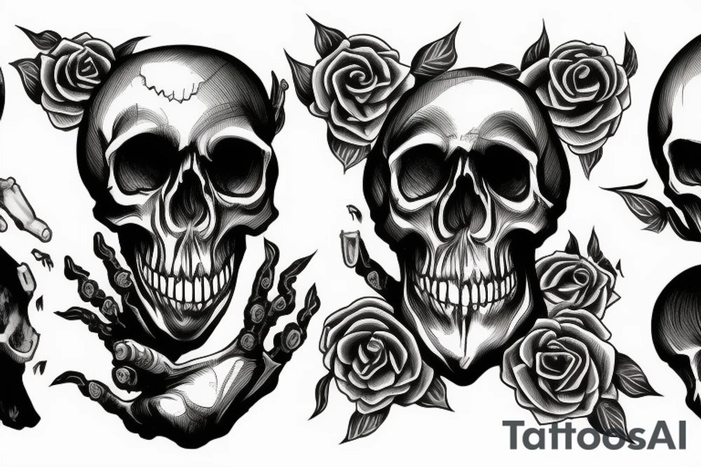 A skull getting cracked open by two skeleton hands and a black monster crwaling out of the skull tattoo idea