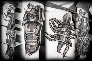 forearm tattoo, torn skin mechanical arm, coming out of the interior a cybernetic scorpion who is the one that tore the skin from the inside out tattoo idea