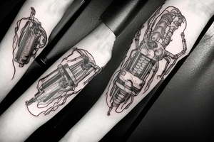 forearm tattoo, torn skin mechanical arm like the one from the terminator, coming out of the interior a small cybernetic scorpion who is the one who tore the skin from the inside out tattoo idea