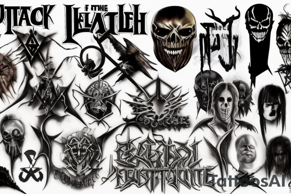 List of band names (disturbed, metallica, ghost, slipknot, tenacious d, nightwish, the beatles, queen, black sabbath, system of a down and caravan palace) on my forearm with something to tie it all together tattoo idea