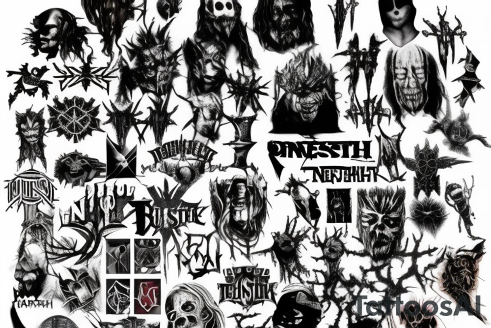 List of band names (disturbed, metallica, ghost, slipknot, tenacious d, nightwish, the beatles, queen, black sabbath, system of a down and caravan palace) on my forearm with something to tie it all together tattoo idea