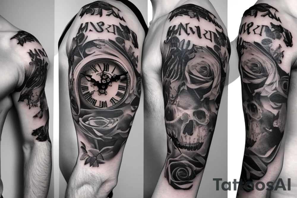 Skeleton clock showing 1732 on male chest leading into a half sleeve with rose and thorns tattoo idea