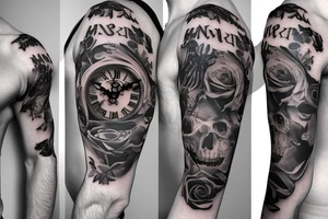 Skeleton clock showing 1732 on male chest leading into a half sleeve with rose and thorns tattoo idea