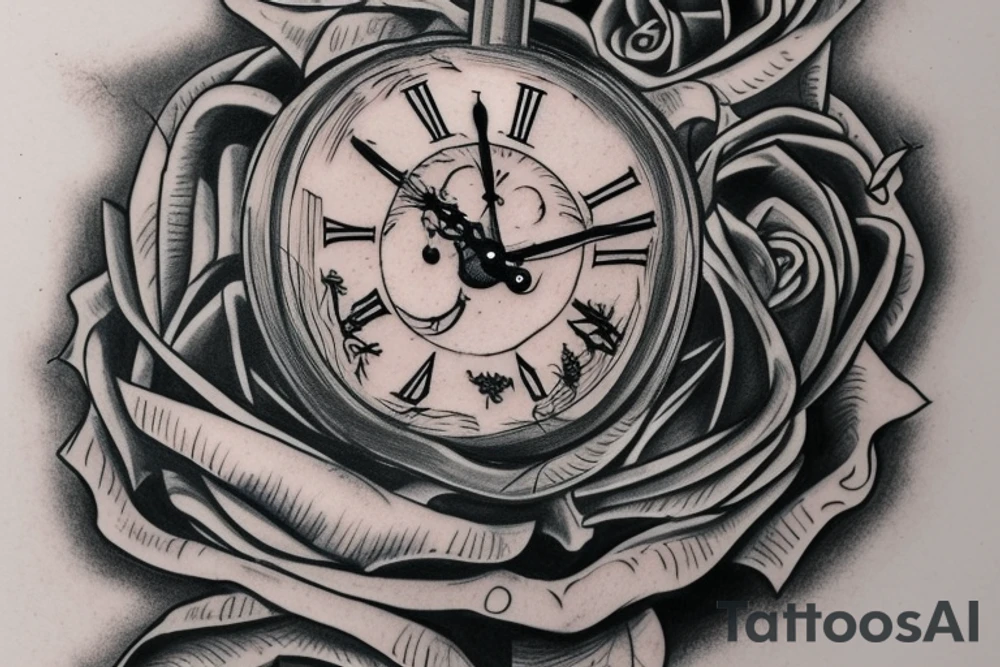 Skeleton clock showing 1732 on male chest leading into a half sleeve with rose and thorns tattoo idea