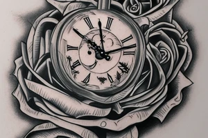 Skeleton clock showing 1732 on male chest leading into a half sleeve with rose and thorns tattoo idea