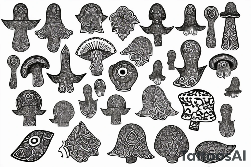 Hamsa, magic mushroom, eternity symbol tattoo idea