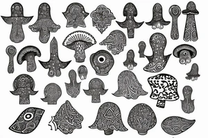 Hamsa, magic mushroom, eternity symbol tattoo idea