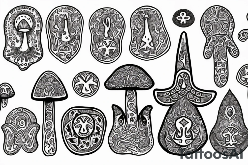 Hamsa, magic mushroom, eternity symbol tattoo idea