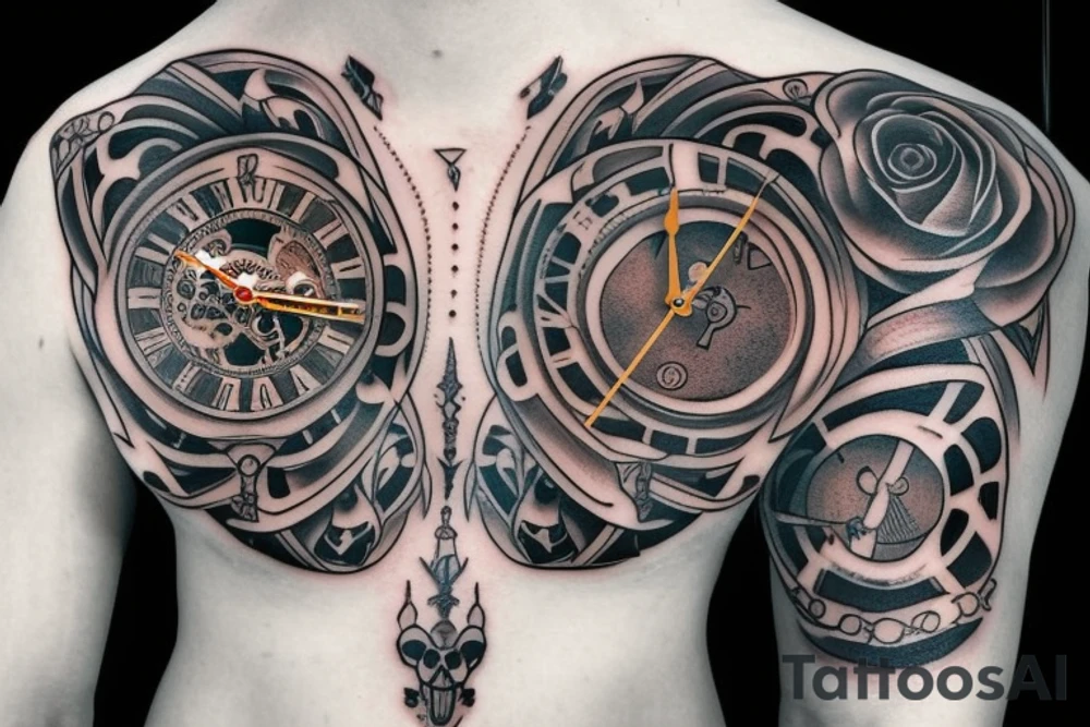 Skeleton clock chest tattoo idea