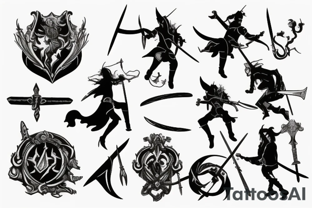 A book with swords, wands etc jumping out of it tattoo idea