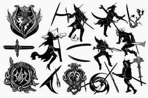 A book with swords, wands etc jumping out of it tattoo idea