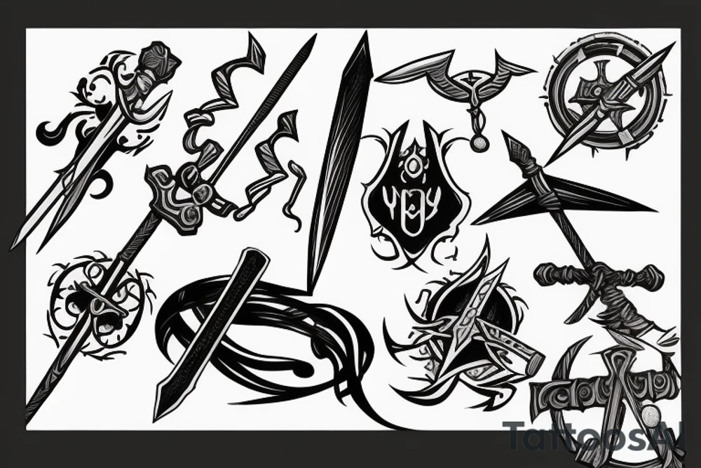 A book with swords, wands etc jumping out of it tattoo idea