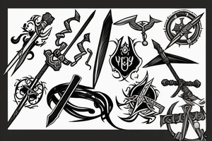 A book with swords, wands etc jumping out of it tattoo idea