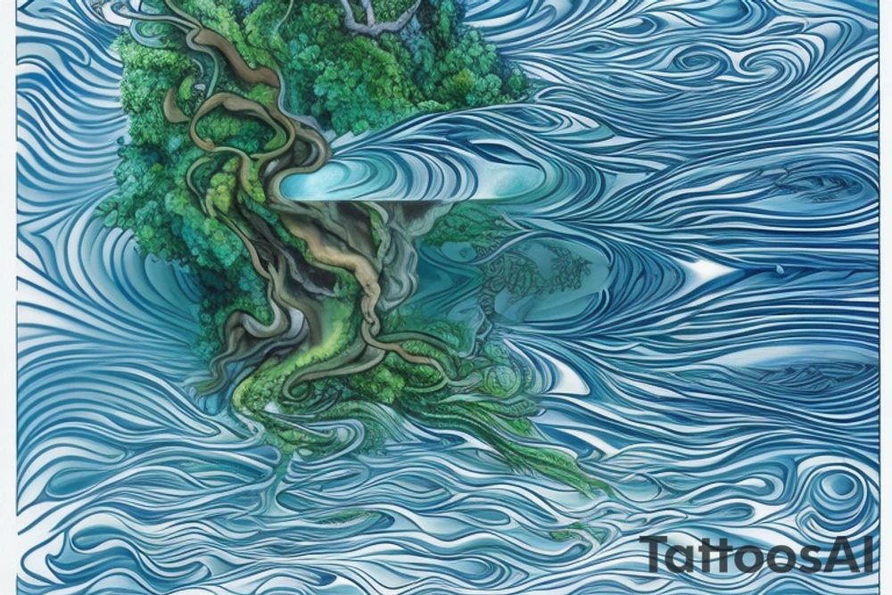 fluid mechanics, environmental issues, and human psychology. The design should feature flowing water and air to represent the fluid mechanics, symbols of environmental concerns such as trees or animals, and abstract imagery that symbolizes the complexities of the human mind and emotions. The overall design should be visually striking and balanced, with a color palette that complements the elements and themes being represented tattoo idea
