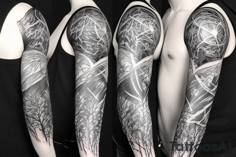 full sleeve tattoo with trees tattoo idea