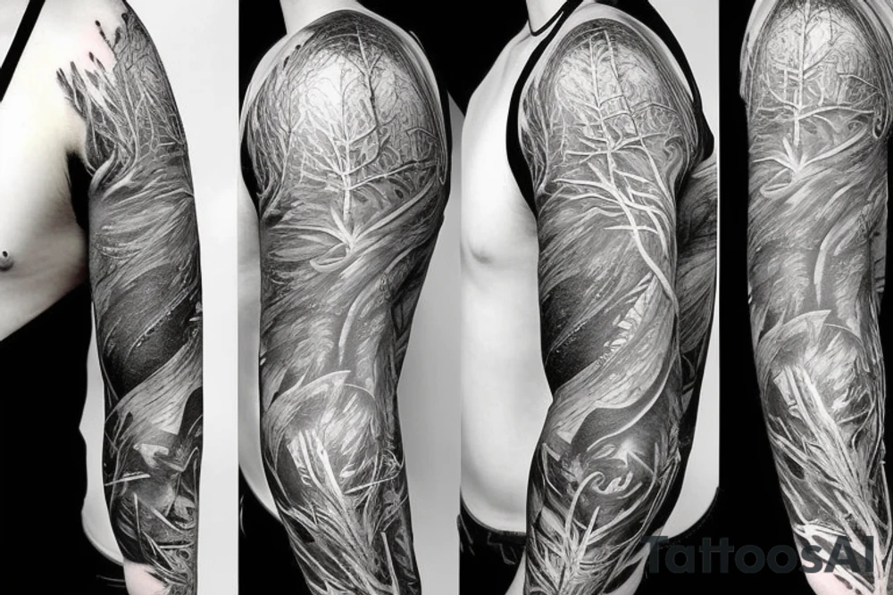 full sleeve tattoo with trees tattoo idea