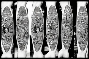 Fine-line surfboard and snowboard tattoo idea