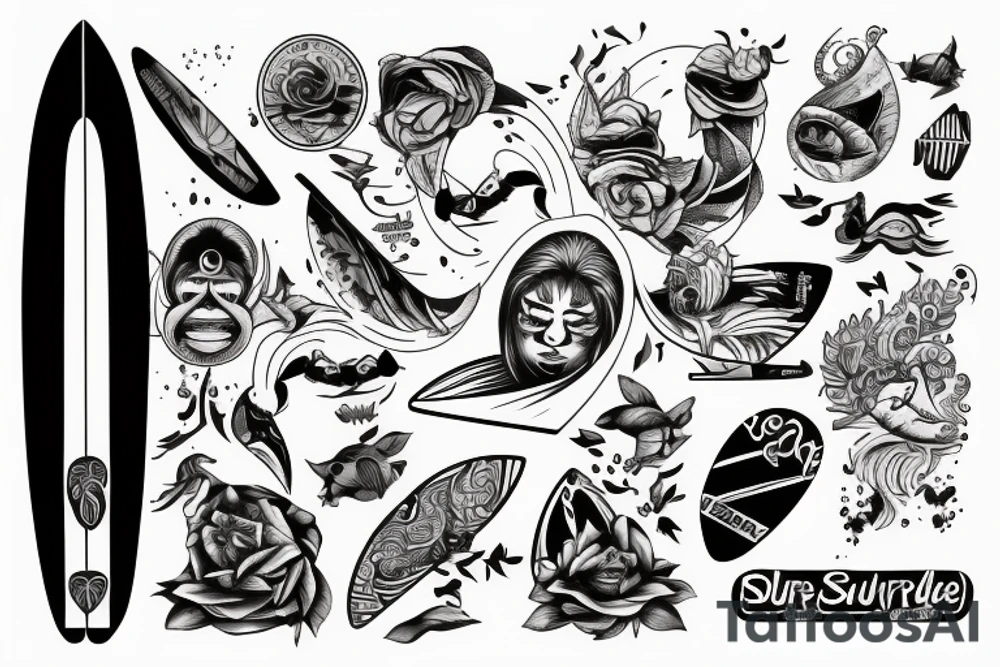 Fine-line surfboard and snowboard tattoo idea