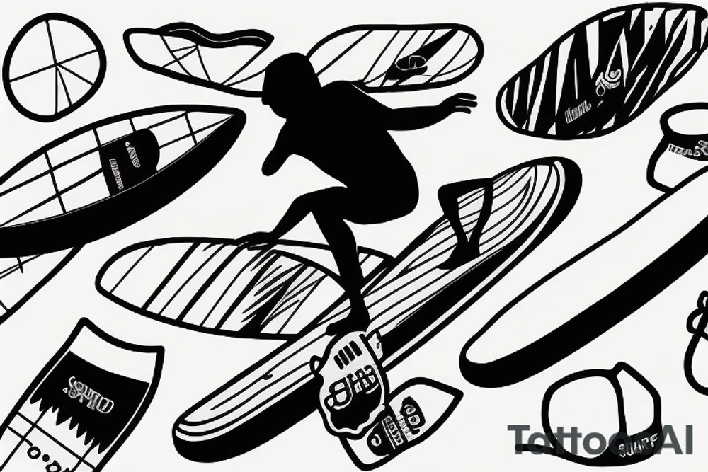 surfboard crossing snowboard in a minimalistic way tattoo idea