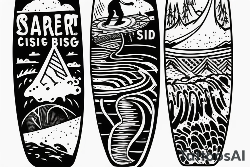surfboard crossing snowboard in a minimalistic way tattoo idea