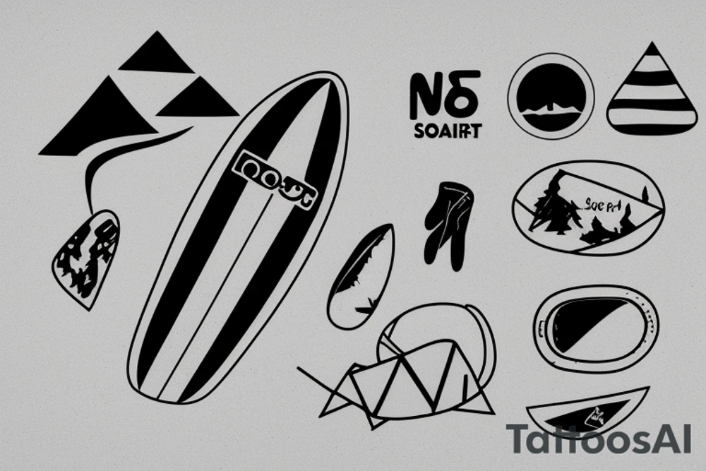 surfboard crossing snowboard in a minimalistic way tattoo idea