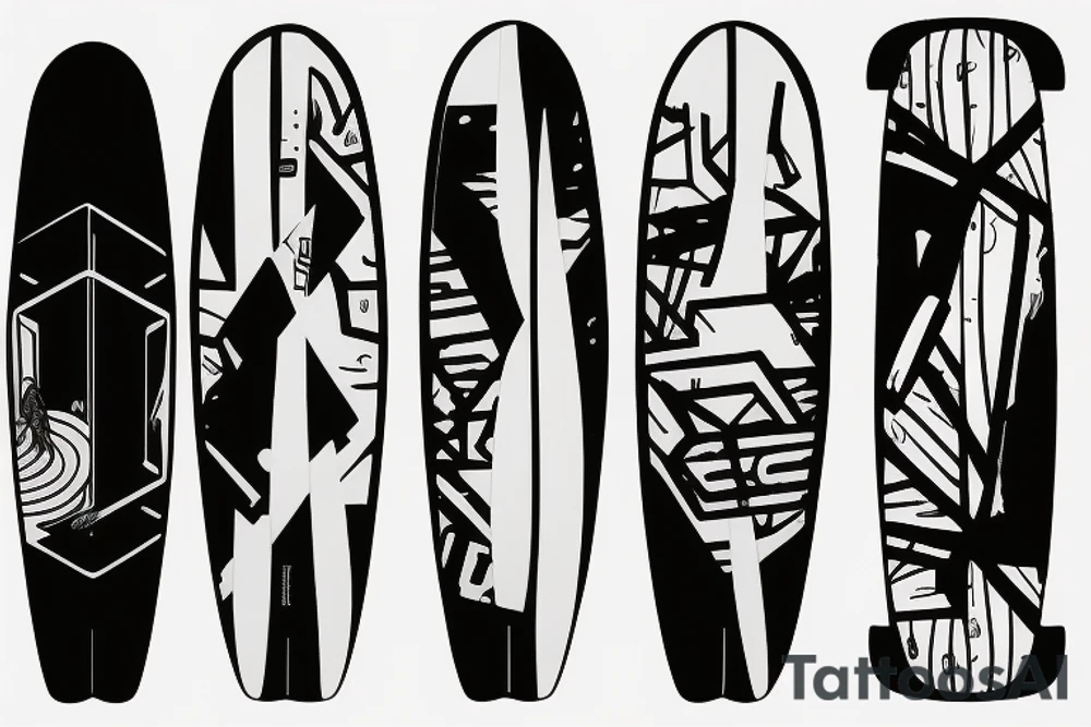 Single-line surfboard crossing snowboard tattoo idea