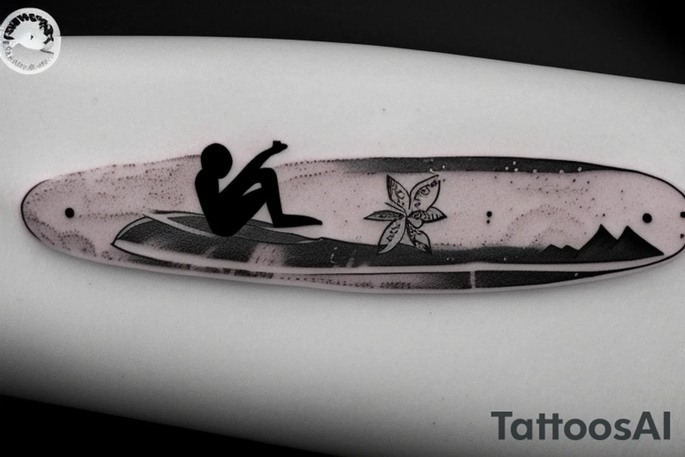 Single-line surfboard crossing snowboard tattoo idea
