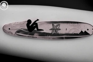 Single-line surfboard crossing snowboard tattoo idea