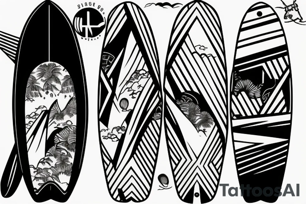 Single-line surfboard crossing snowboard tattoo idea