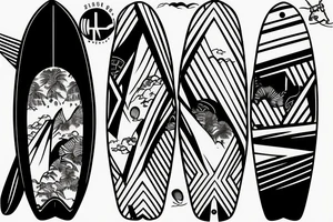Single-line surfboard crossing snowboard tattoo idea