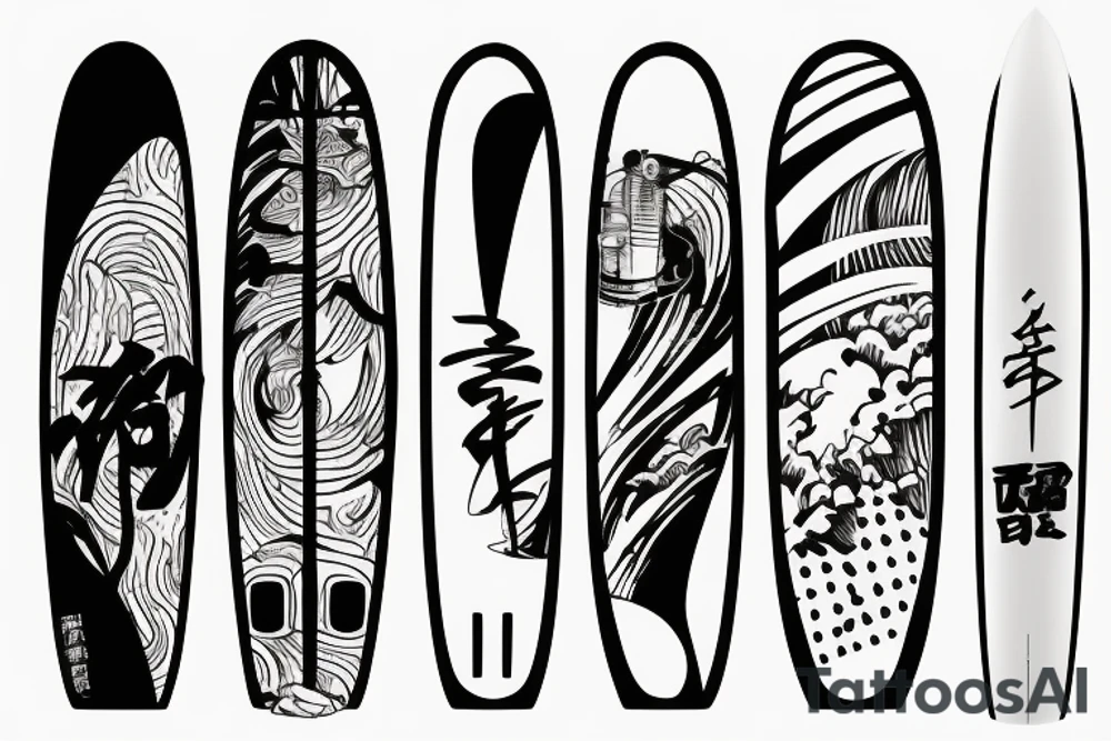 Single-line surfboard crossing snowboard tattoo idea