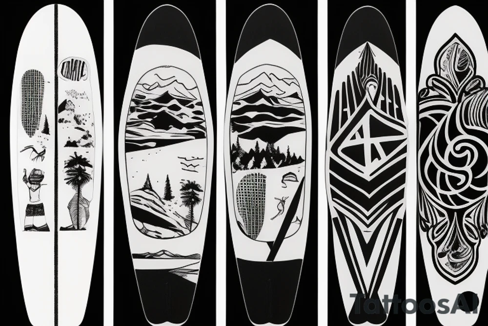 Single-line surfboard crossing snowboard tattoo idea
