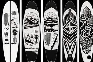 Single-line surfboard crossing snowboard tattoo idea