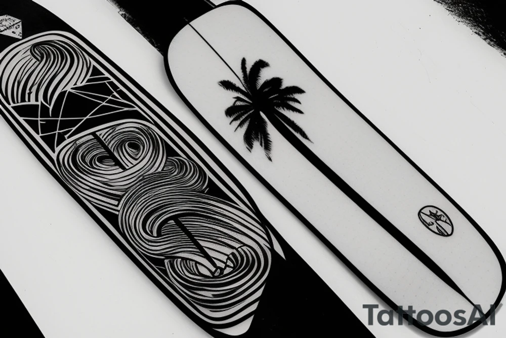 Single-line surfboard crossing snowboard tattoo idea