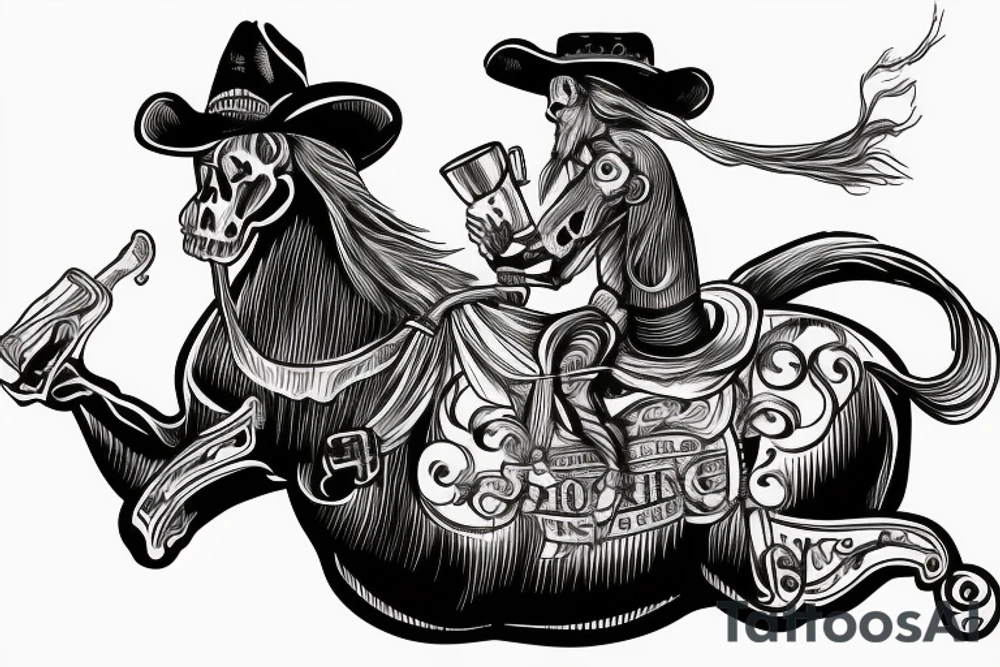 Skeleton wearing a cowboy hat riding a rocking horse while drinking whiskey with a pistol tattoo idea