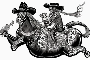 Skeleton wearing a cowboy hat riding a rocking horse while drinking whiskey with a pistol tattoo idea