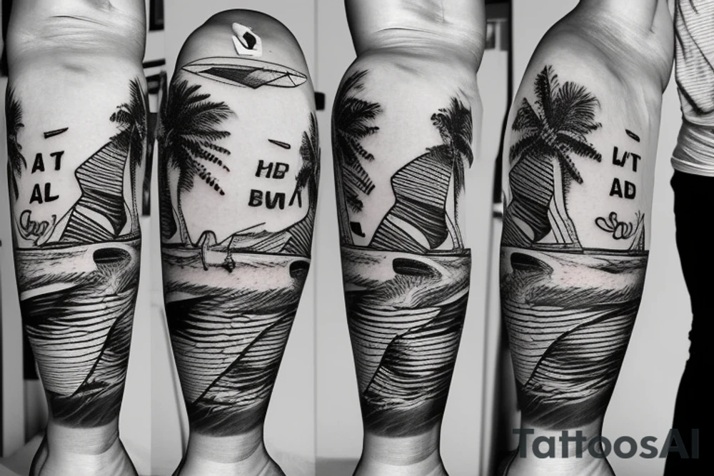 Letters M W T on a surfboard tattoo idea