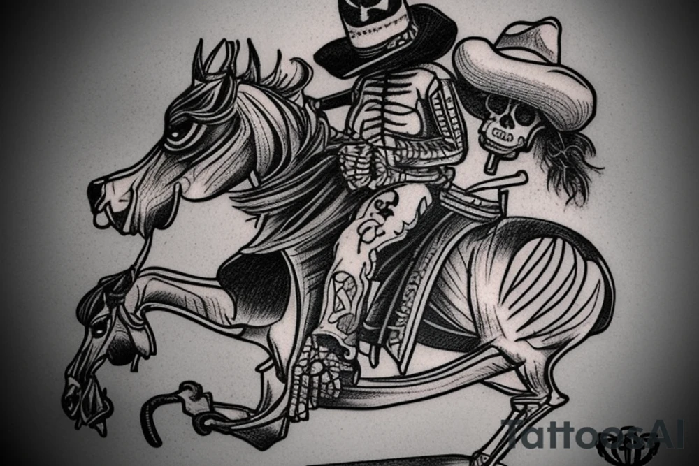 Skeleton wearing a cowboy hat riding a rocking horse while drinking whiskey with a pistol tattoo idea