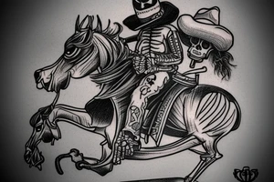 Skeleton wearing a cowboy hat riding a rocking horse while drinking whiskey with a pistol tattoo idea